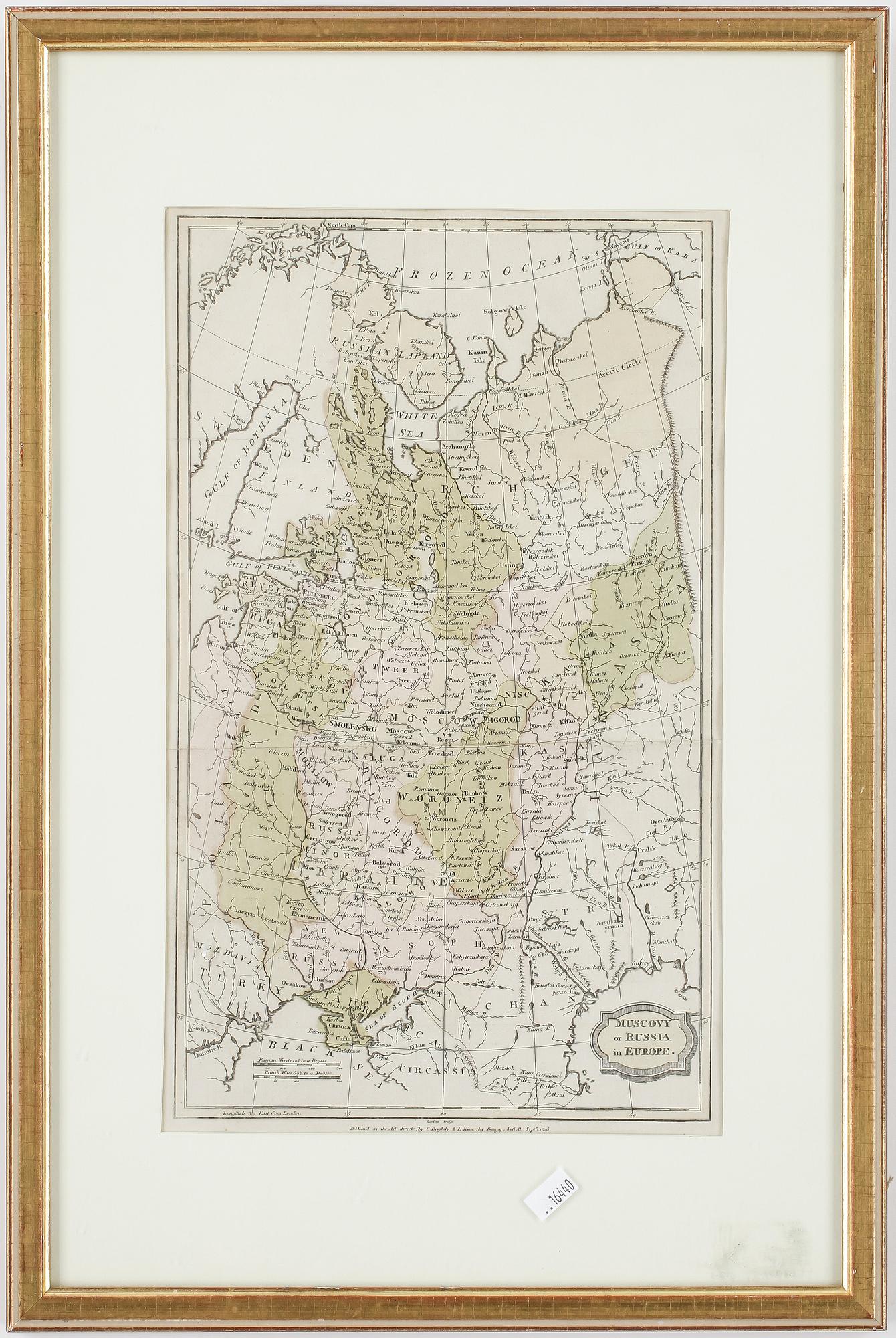KARTA, etsning, "Muscovy or Russia in Europe", graverad ev J Barlow, 1800-tal.