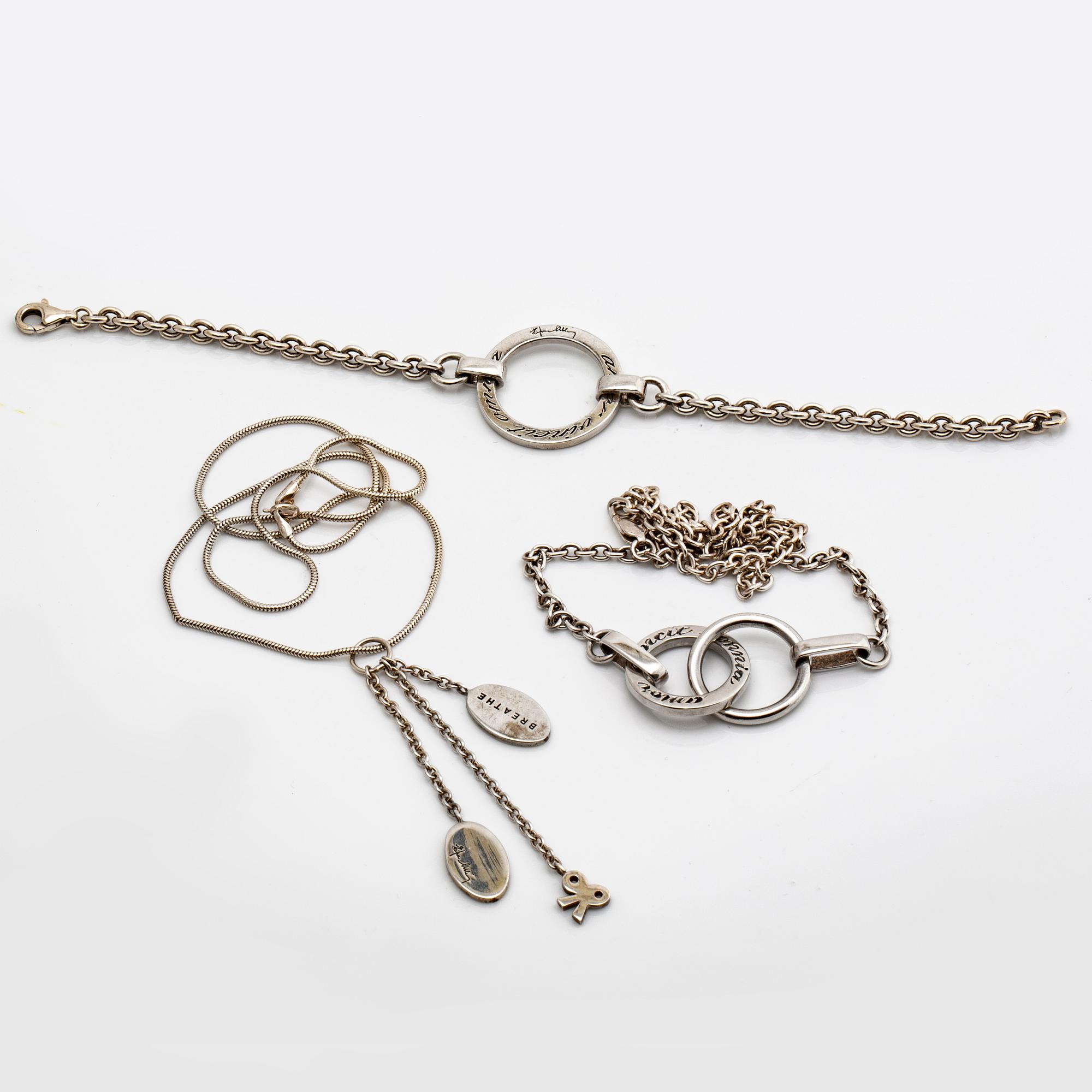 Efva Attling silversmycken 3 delar, 2 collier och 1 armband, sterling silver, original etui.