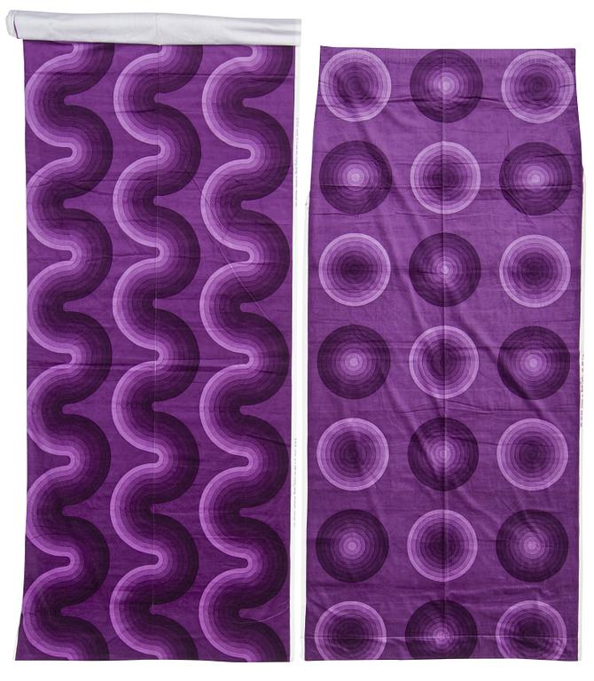 A FABRIC, CURTAINS, 2 PIECES AND SAMPLERS, 9 PIECES. Cotton velor. A variety of aubergine colour nuances and patterns.