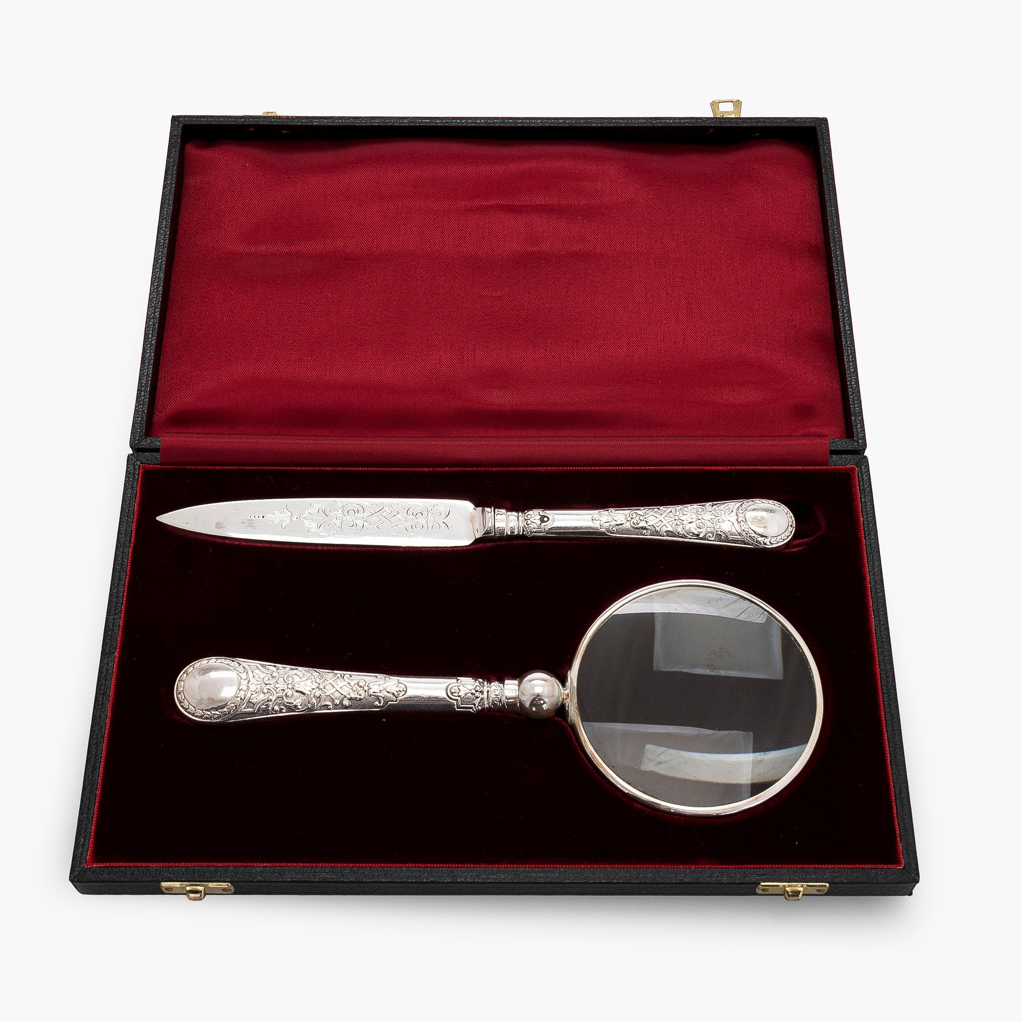Förstoringsglas och brevkniv, silver, Martin, Hall & Co London 1875. I ask.