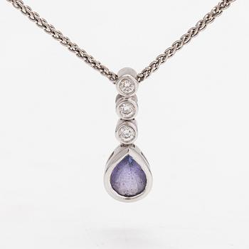 An 18K white gold necklace with a tanzanite and diamonds ca. 0.06 ct in total.