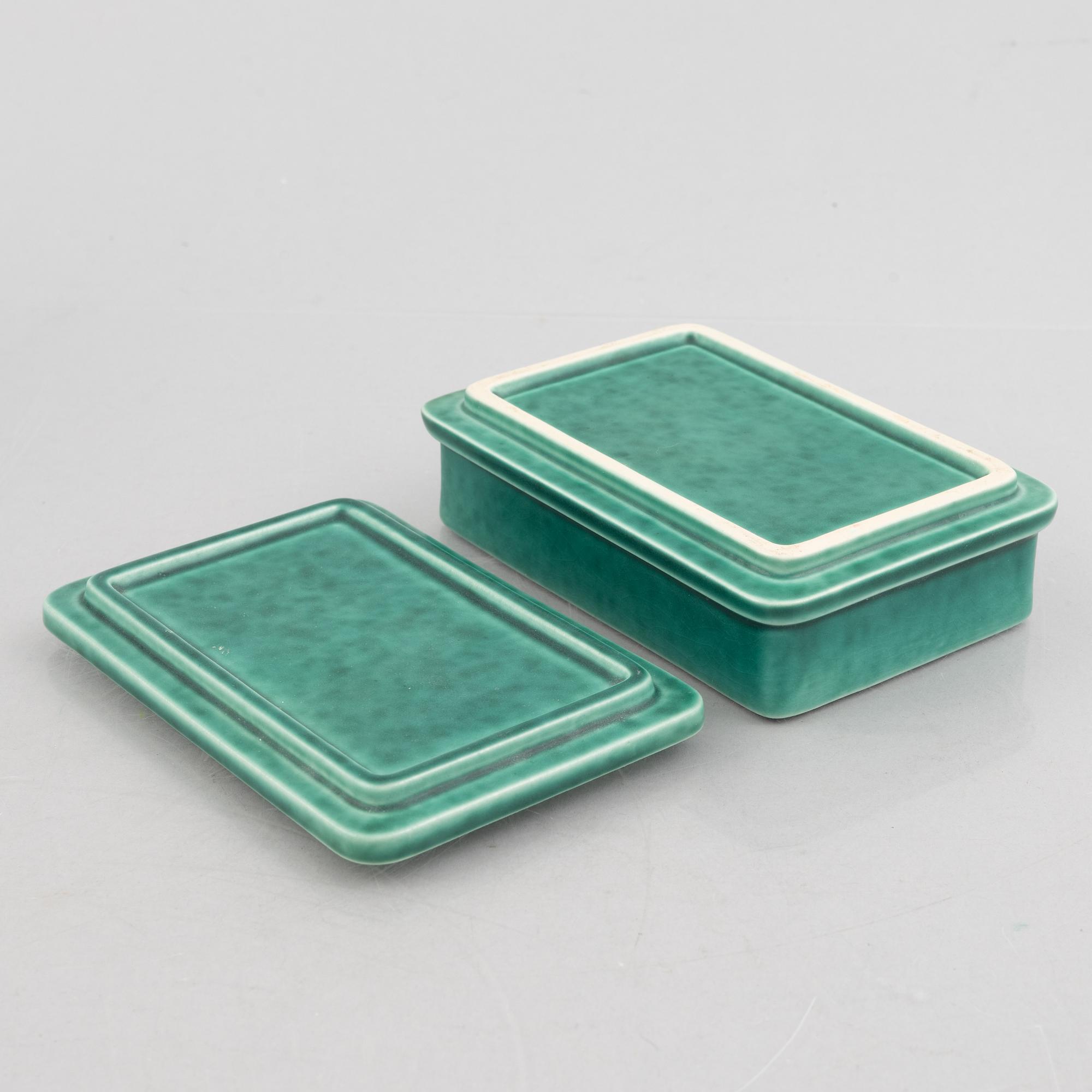 Wilhelm Kåge, vaser, 3 st och ask, stengods, "Argenta", Gustavsberg.