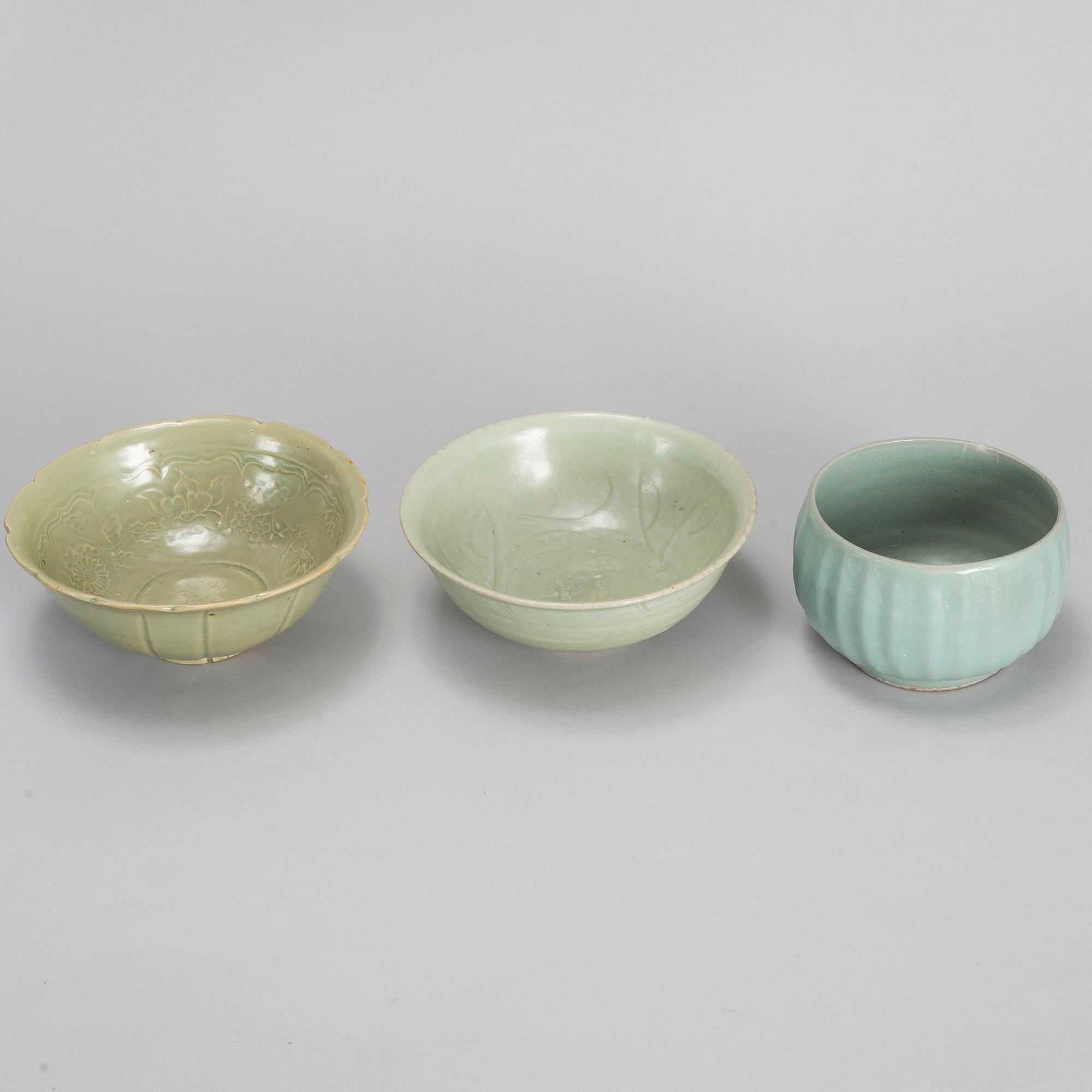 A group of three celadon bowl, South East Asia, 17th Century and later.