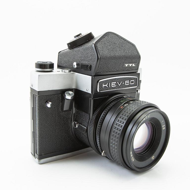 Camera, Kiev 60, and 3 lenses.