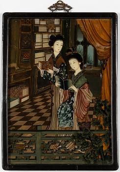 A Chinese reverse glass painting of elegant ladies, 20th century.