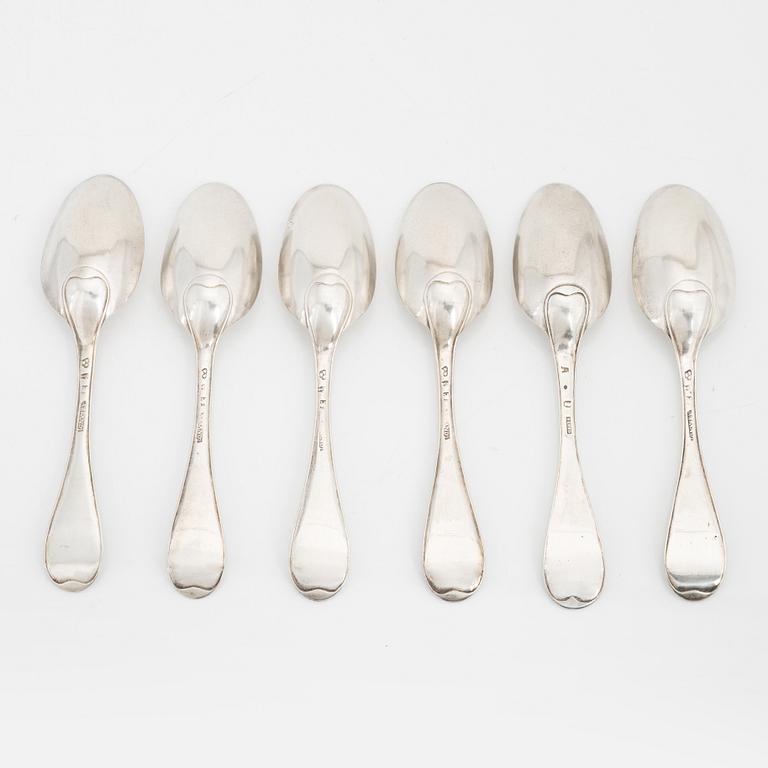 Six Swedish silver spoons, mark of Anders Brandt, Norrköping 1787 and Petter Lund, Stockholm 1759.