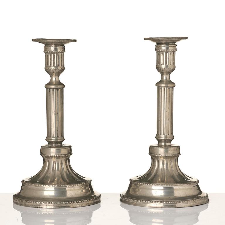 A pair of Gustavian pewter candlesticks by P. Gillman, Stockholm 1786.