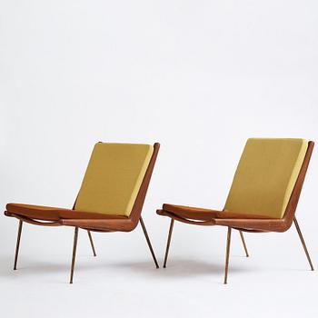 Peter Hvidt & Orla Mølgaard Nielsen, two teak "Boomerang" easy chairs, France & Daverkosen, Denmark 1950's.