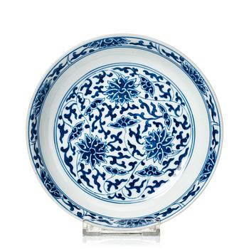 881. A blue and white lotus dish, Qing dynasty with Jiaqing mark.