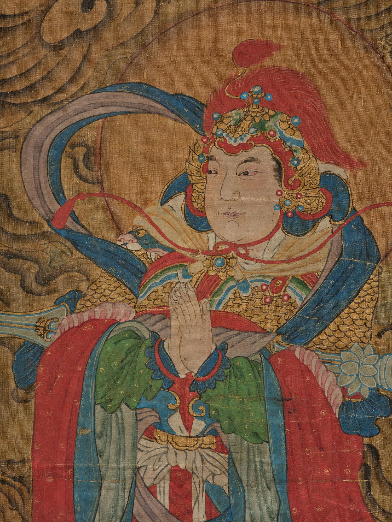 Two Chinese scroll paintings of Heavenly and Earthly Deities from the Water-Land Ritual, late Qing dynasty.