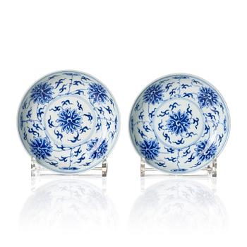 1336. A pair of blue and white 'lotus' dishes, Qing dynasty, Guangxu mark and period (1875-1908).