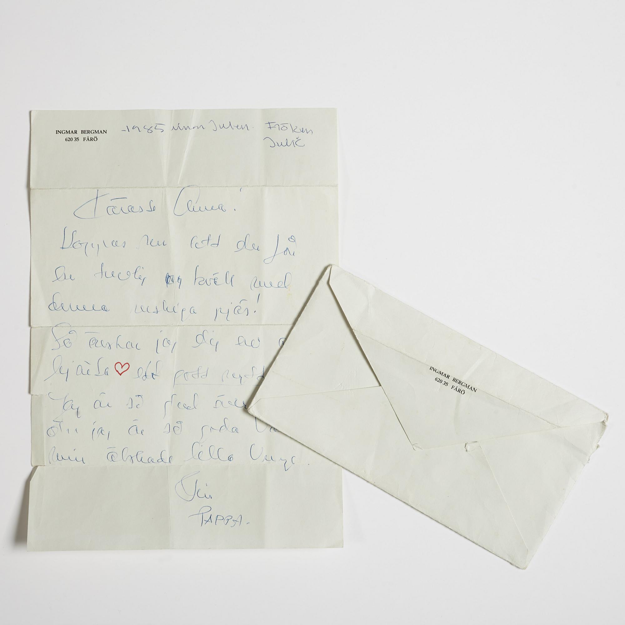 LETTER from Ingmar Bergman to his daughter Anna, dated "1985 innan Julen. Fröken Julie". Envelope enclosed.