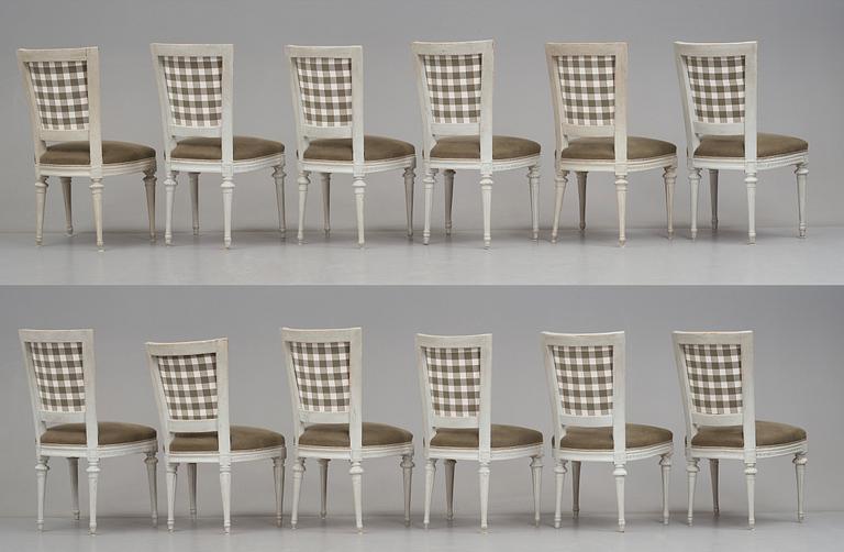 Stolar 12 stycken, av bl,a J Ruste, E Ståhl, J Lindgren, Stockholmsarbeten 1700-talets senare del, Sengustavianska.