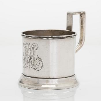 A Morozov silver tea glass holder, stamped with purveyor to the court mark, St. Petersburg 1898-1903.