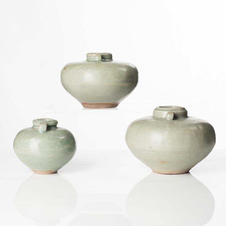 A group of three celadon glazed pots for the South East Asian market, 15/16th Century.