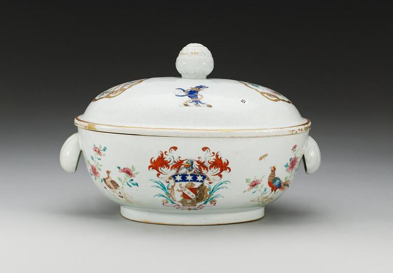 A famille rose armorial tureen with cover, Qing dynasty, Qianlong (1736-95) ca 1746.