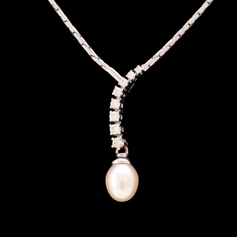 An 18K white gold necklace set with round brilliant-cut diamonds and a cultured pearl.