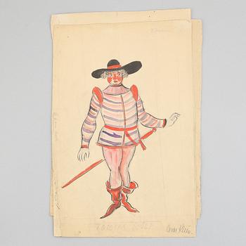 Seven costume sketches by César klein from Shakespears Twelfth Night, signed.