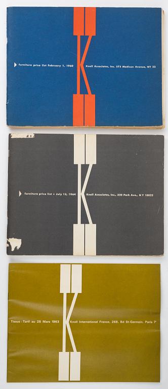 Knoll Associates, catalogs and price lists, 12 pcs, 1960s, as well as various brochures.