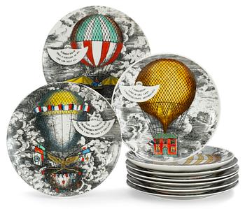 A set of nine Piero Fornasetti 'Mongolfiere' plates, Milan, Italy.