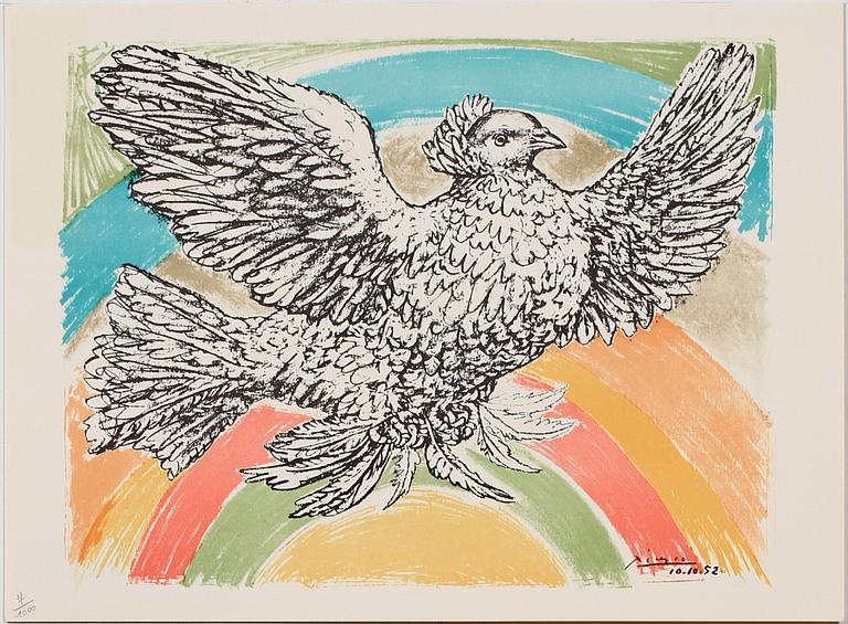 PABLO PICASSO, efter, litografier, 7 st, sign i trycket, numr 7/1000. Mappen dat 1974 och märkt 25 anniversaire du mouvement de la Paix.