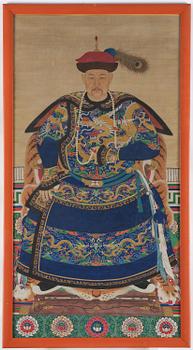 Förfadersporträtt, Qingdynastin, 1800-tal. Med signatur.