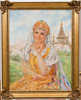 EKATERINA NIKOLAEVNA KATSHURA-FALILEEVA, A GIRL IN TRADITIONAL COSTUME WHEN THE APPLE TREES BLOSSOM.