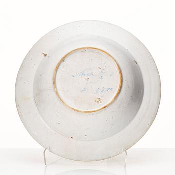 A Swedish Rörstrand faience basin, dated 17/12 1761.