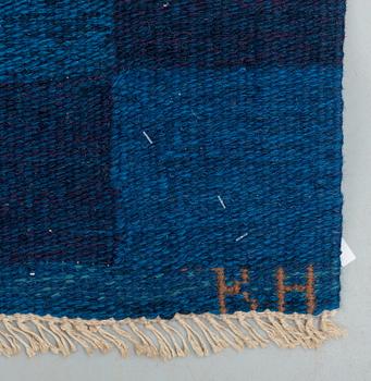 RUG. Flat weave. 200 x 199,5 cm. Signed KJ KH (Karin Jönsson, Klockargårdens Hemslöjd). Sweden 1960s.