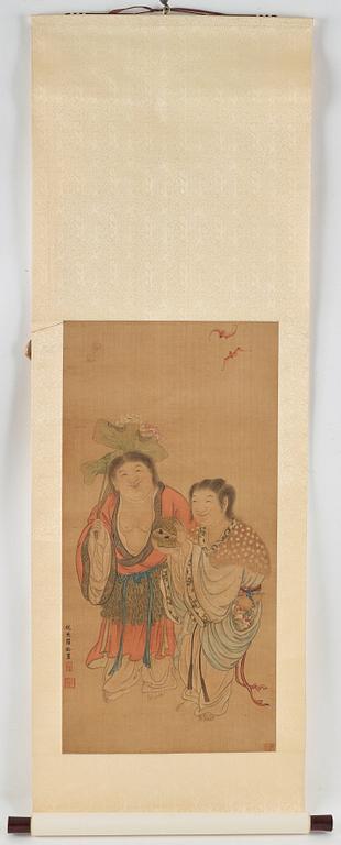 A hanging scroll, ink and colour on silk, Qing dynasty (1644-1912), signed Luo Ling.