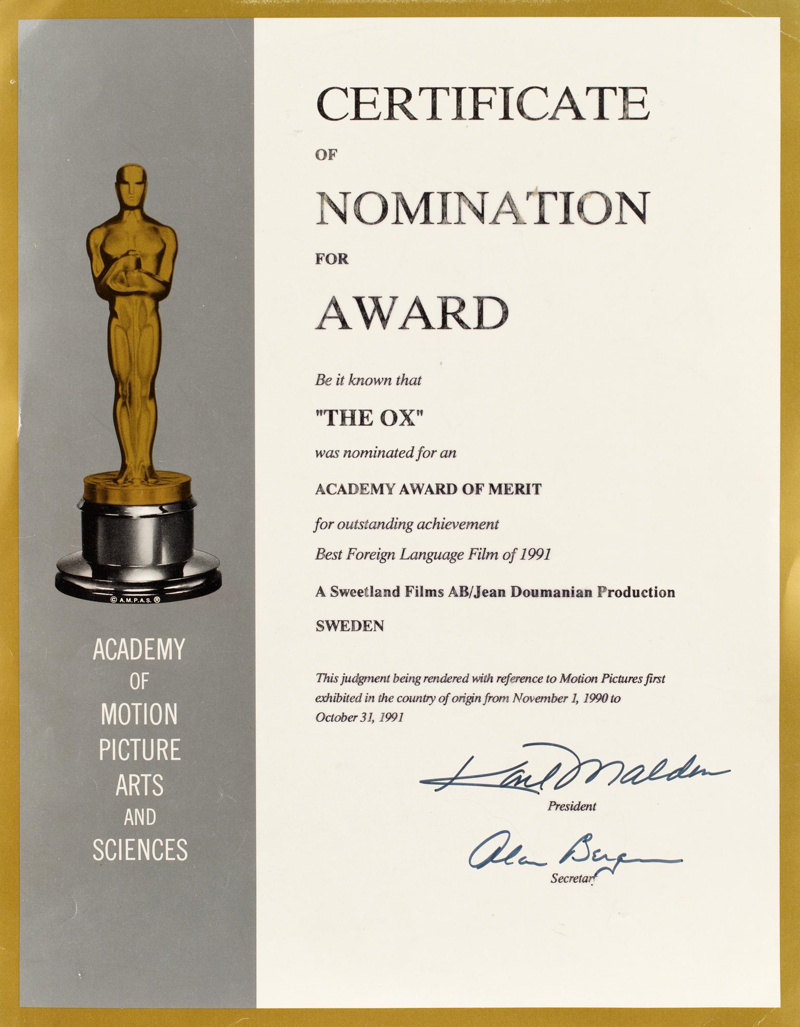 NOMINERINGSCERTIFIKAT FÖR ACADEMY AWARD,