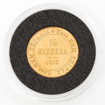 Gold coin, Grand Duchy of Finland, 10 Markka, 1913.
