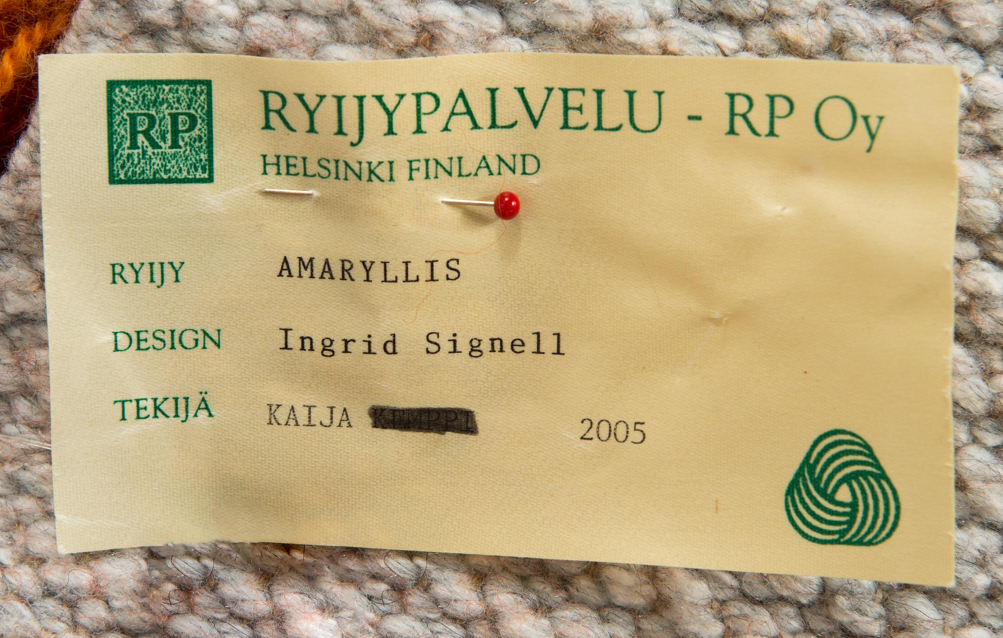 Ingrid Signell, a rya rug, "Amaryllis", Ryijypalvelu Oy. Ca. 83 x 63 cm.