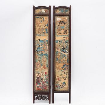 Two Chinese hardwood screens with Japanese woodblock prints, around 1900.