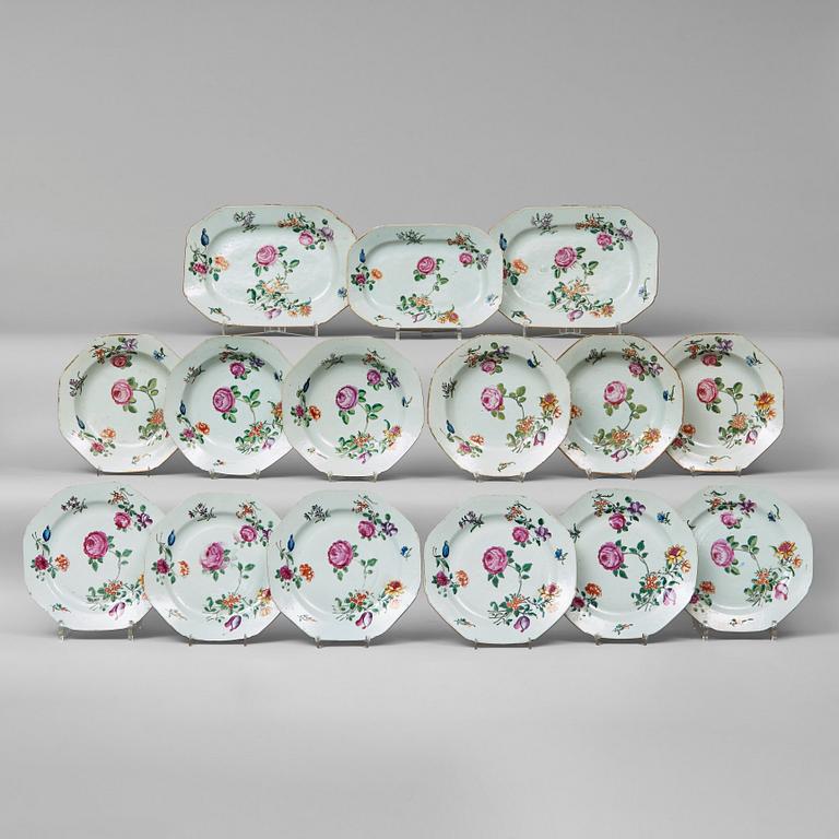 A part famille rose dinner service, Qing dynasty, Qianlong (1736-95). (15 pieces).