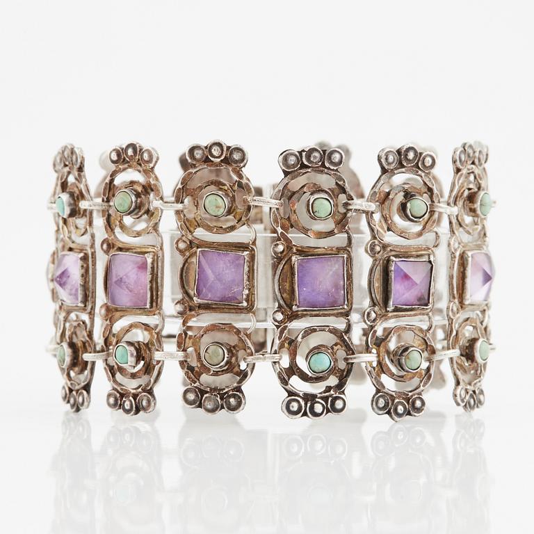 Silver amethyst and turquoise bracelet, Mexico.