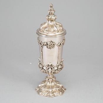 A German mid 19th century parcel-gilt silver cup and cover, marked Fürth.