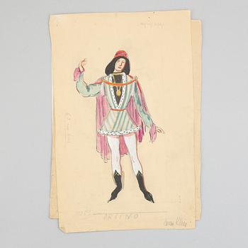 Seven costume sketches by César klein from Shakespears Twelfth Night, signed.