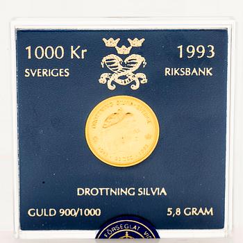 Gold coin, 21.6 carat, Queen Silvia, “SEK 1,000”, Sveriges Riksbank, 1993.