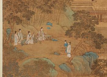 A hanging scroll of figures in a landscape, presumably by a female artist (Yinhu from Tongjin), Qing dynasty 1644-1912.