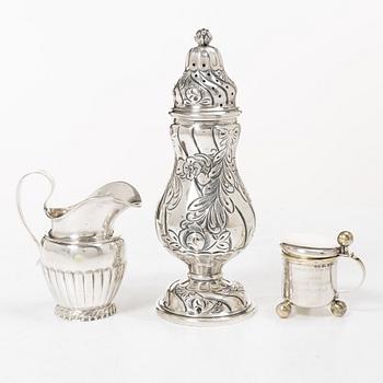 Sugar tongs, cream jug and miniature decanter, silver, including CG Hallberg, Stockholm 1955.