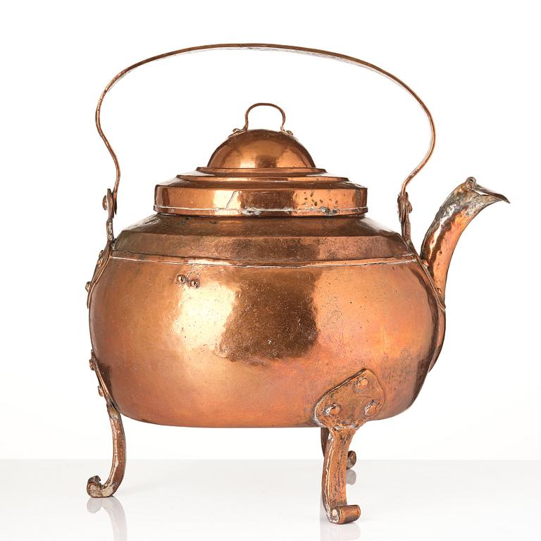A copper coffee pot from the Royal household of Gustav III at Gripsholm castle, late 18th century.