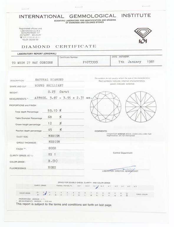 TIMANTTI, 0.23 ct. IGI-todistuksella.