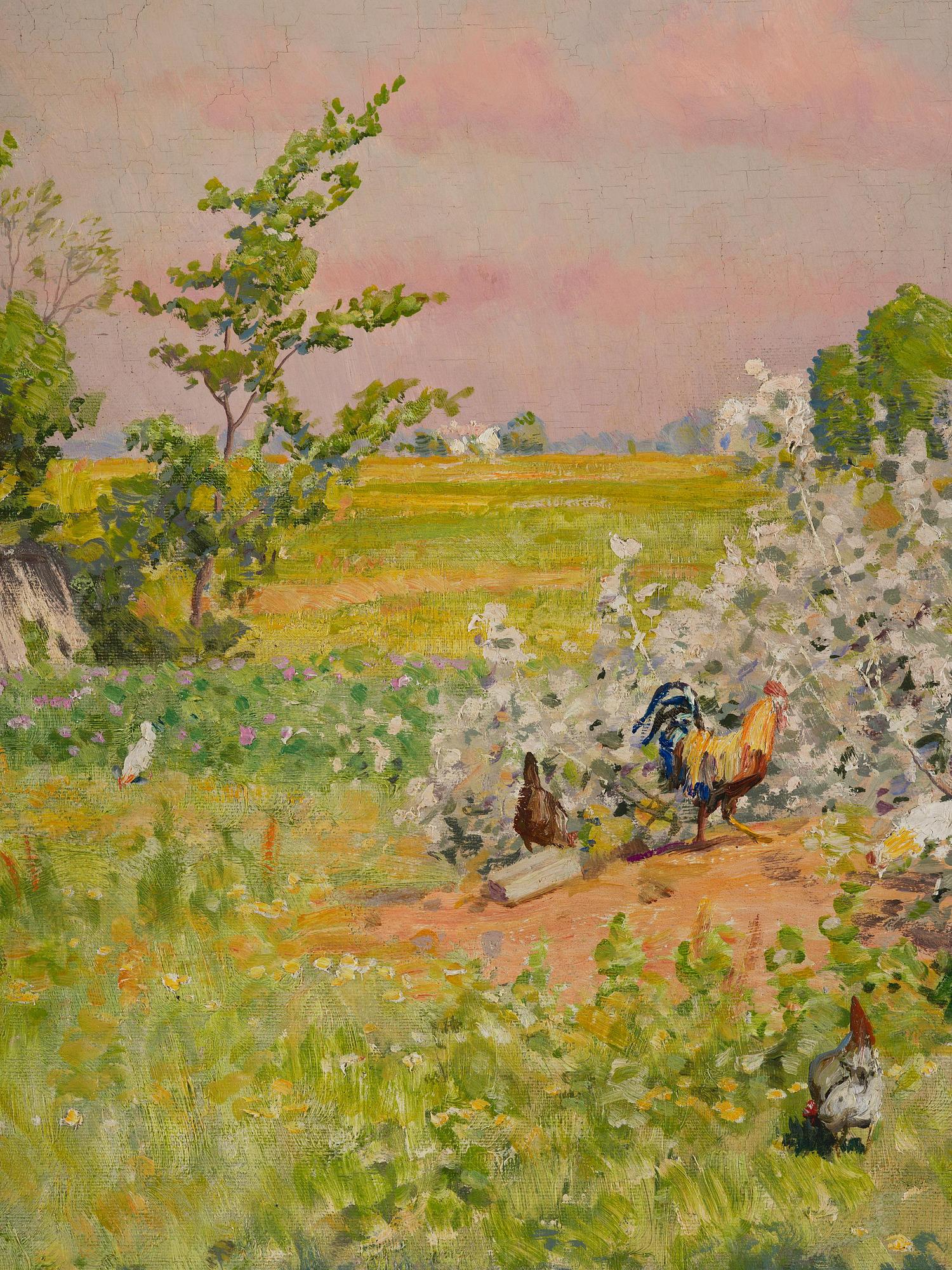 Johan Krouthén, Summer landscape with pecking hens and a wheelbarrow.