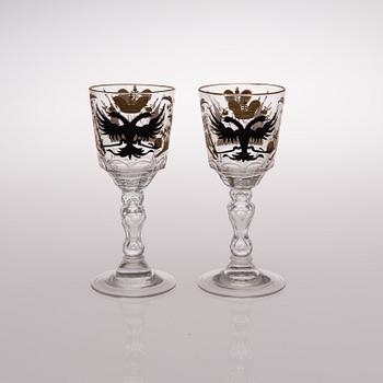 TWO RUSSIAN WINE GLASSES, from the the Romanov Tercentenary service, Imperial Glass factory, St Petersburg circa 1913.