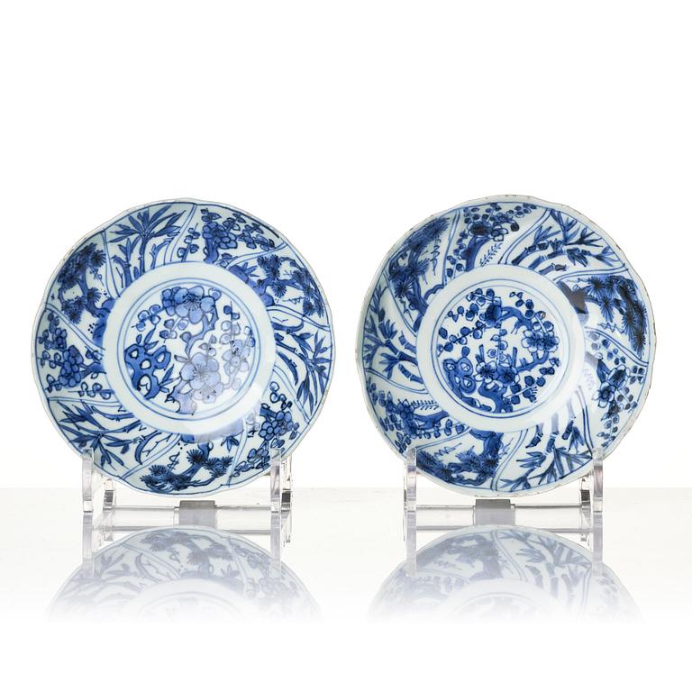 A set of 12 blue and white 'three friends of winter' dishes, Tianqi/Chongzhen, mid 17th century.
