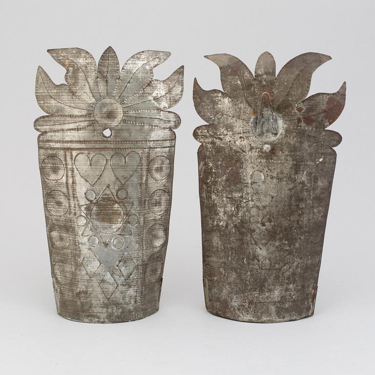 TWO WALL LIGHTS, tin plate, ca 1900.