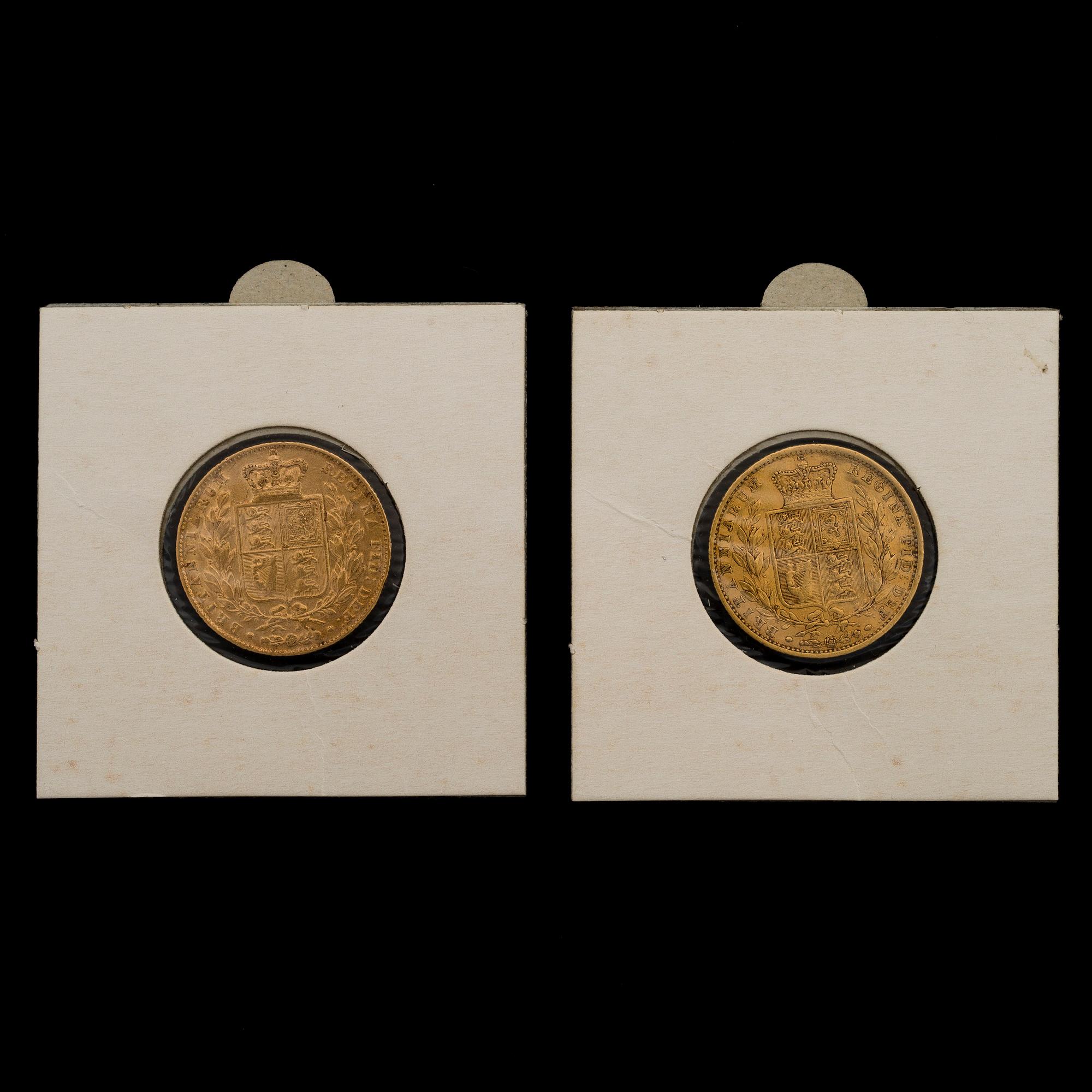 GULDMYNT, 2 st, Victoria Young Head Shield Sovereign-mynt, 1845 och 1862.