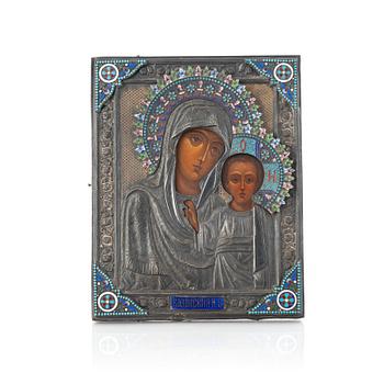 248. Ikon, med rizza i delvis förgyllt silver och cloisonnéemalj, icke identifierbar mästare S.G, 1852, Ryssland.