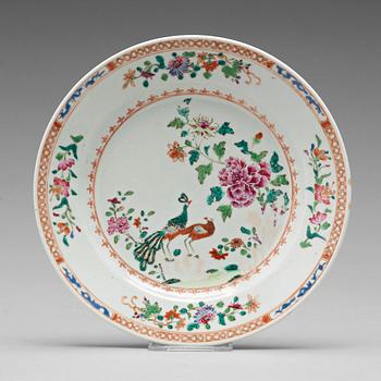 644. Six famille rose 'double peacock' plates, Qing dynasty, Qianlong (1736-95).